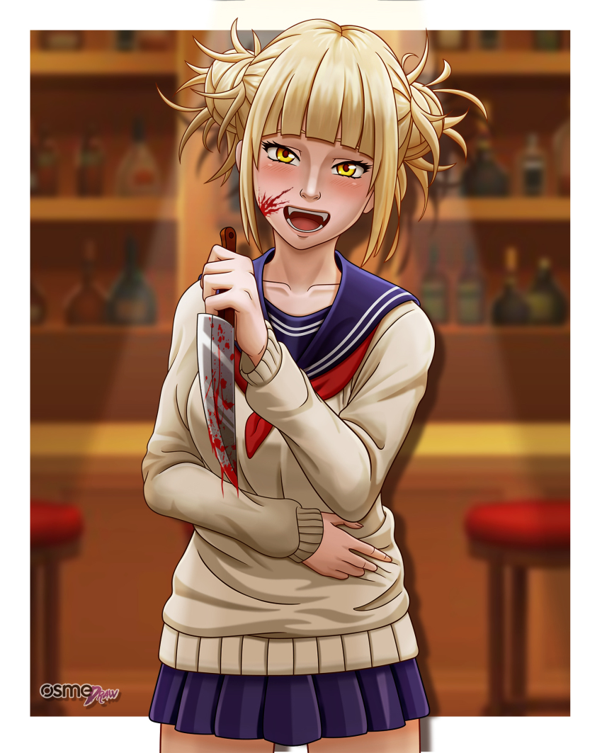 1girl, bar_(place), blonde_hair, blood, bloody_knife, boku_no_hero_academia, highres, holding