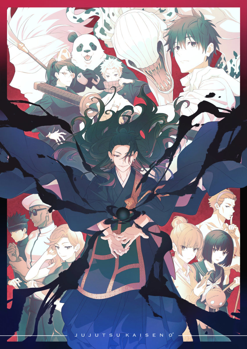 4girls, 6+boys, animal, bandages, bandages_over_eyes, black_eyes, black_hair, black_headband