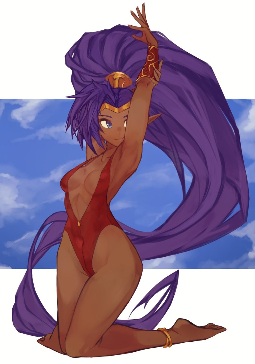 1girl, absurdly_long_hair, alternate_costume, anklet, arms_up, barefoot, blue_eyes, blue_sky, border, bracer, breasts, circlet, collarbone, covered_navel, dark-skinned_female, dark_skin, from_side, halterneck, high_ponytail, highleg, highleg_one-piece_swimsuit, highres, jewelry, kneeling, knees_together_feet_apart, letterboxed, long_hair, medium_breasts, one-piece_swimsuit, outside_border, pointy_ears, ponytail, purple_hair, qmerlem, red_one-piece_swimsuit, shantae, shantae_(series), sky, solo, swimsuit, thighs, vambraces, very_long_hair, white_border, wide_hips