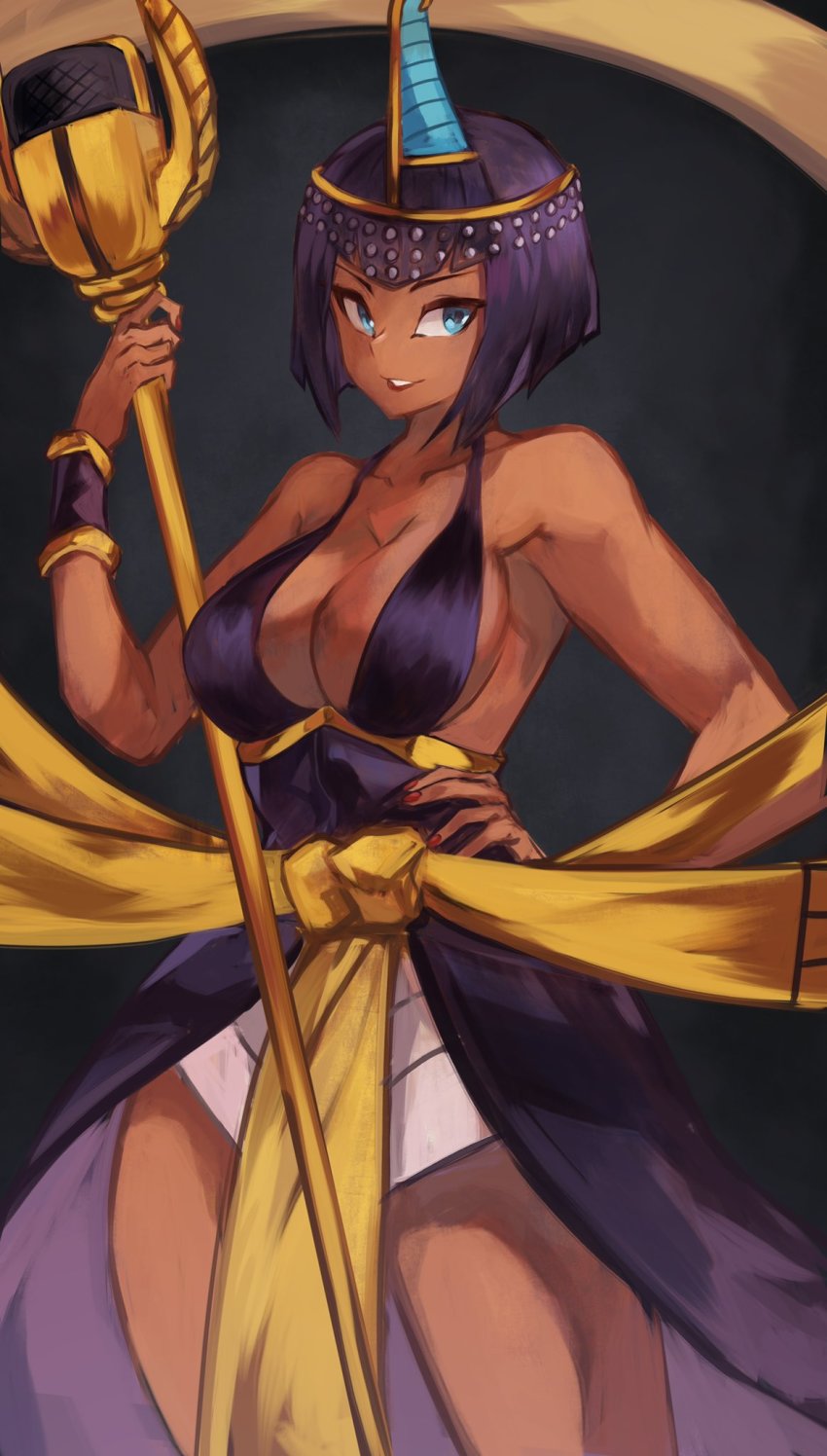 1girl, blue_eyes, bob_cut, breasts, cleavage, cowboy_shot, dark-skinned_female, dark_skin