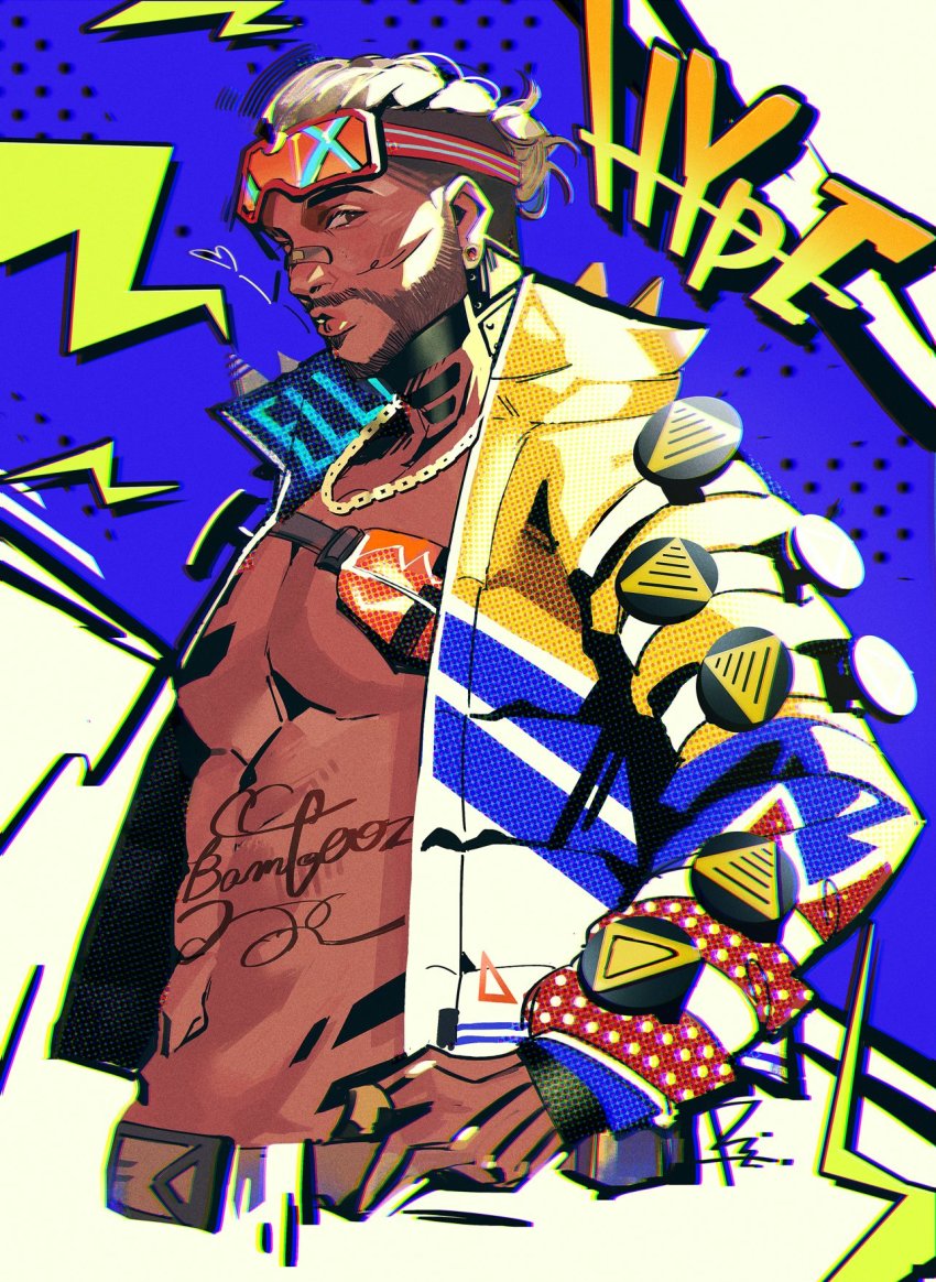 1boy, apex_legends, bandaid, bandaid_on_face, bandaid_on_nose, bare_pectorals, belt, blonde_hair, brown_eyes, dark-skinned_male, dark_skin, facial_hair, from_side, goatee, goggles, goggles_on_head, hair_slicked_back, highres, jacket, lit_witt_mirage, male_focus, mirage_(apex_legends), navel, official_alternate_costume, pectorals, puckered_lips, riz3, solo, undercut, upper_body