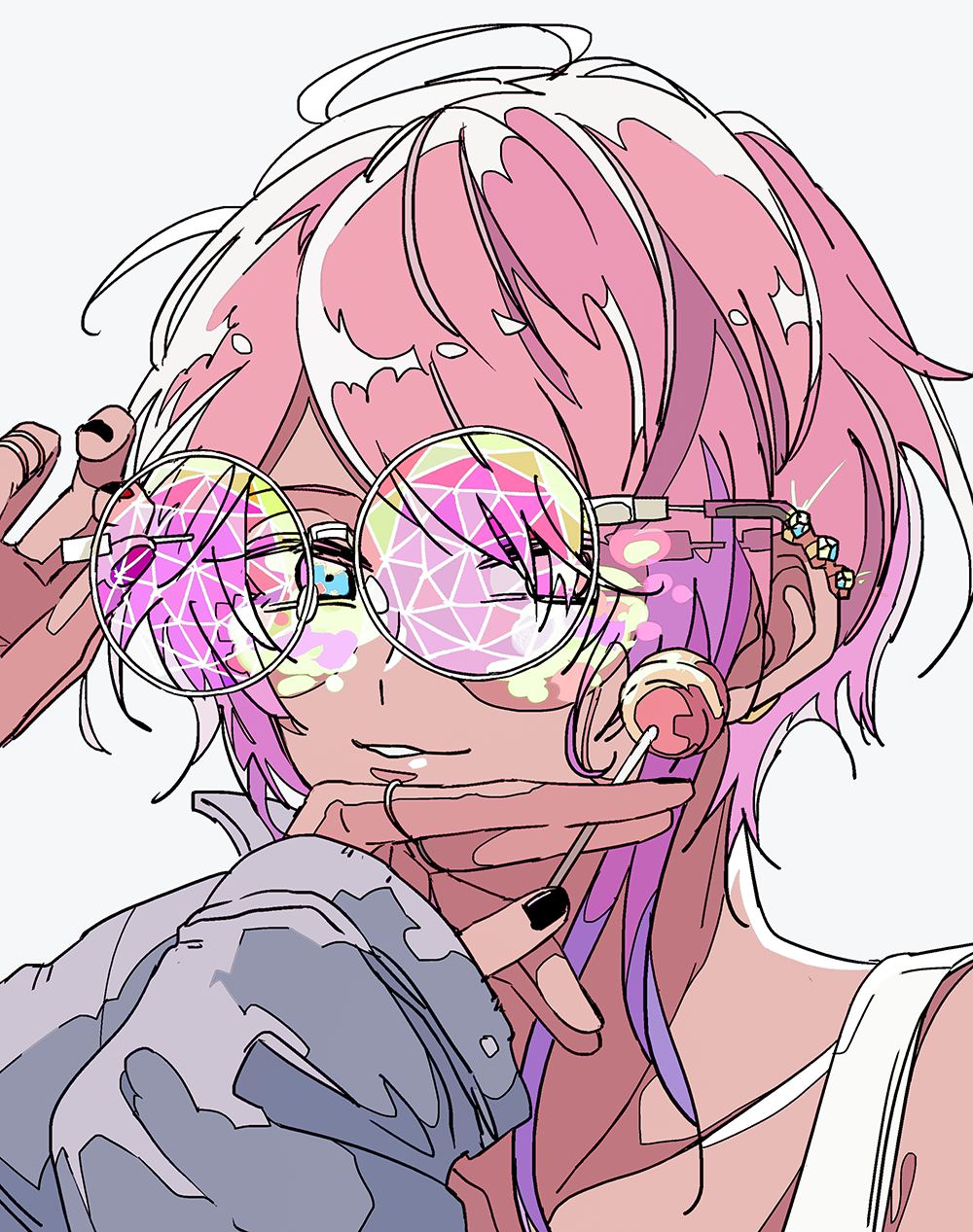 1boy, adjusting_eyewear, amemura_ramuda, black_nails, blue_eyes, candy, commentary, food