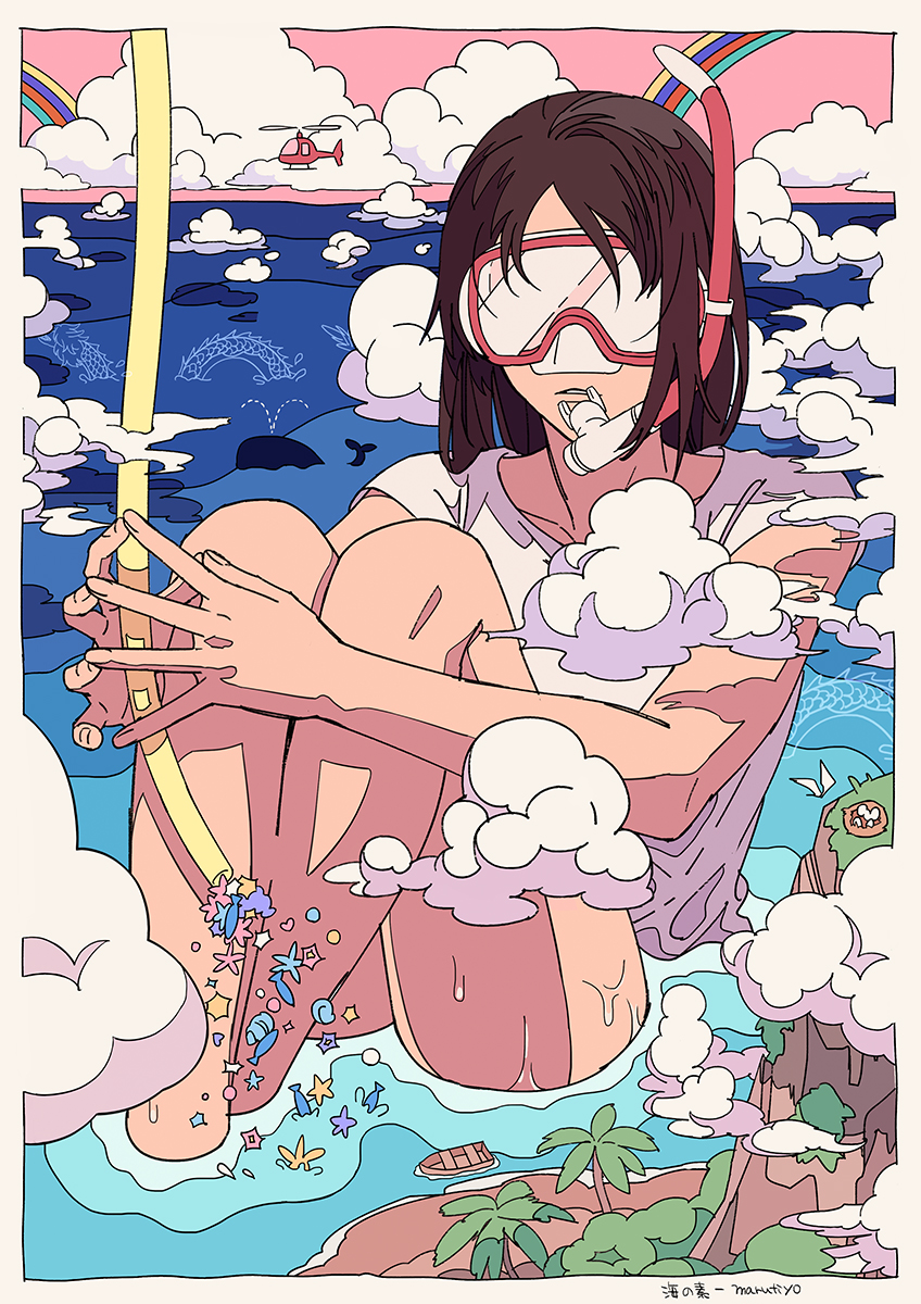 1girl, aircraft, bare_arms, bare_legs, boat, brown_hair, cloud, commentary_request