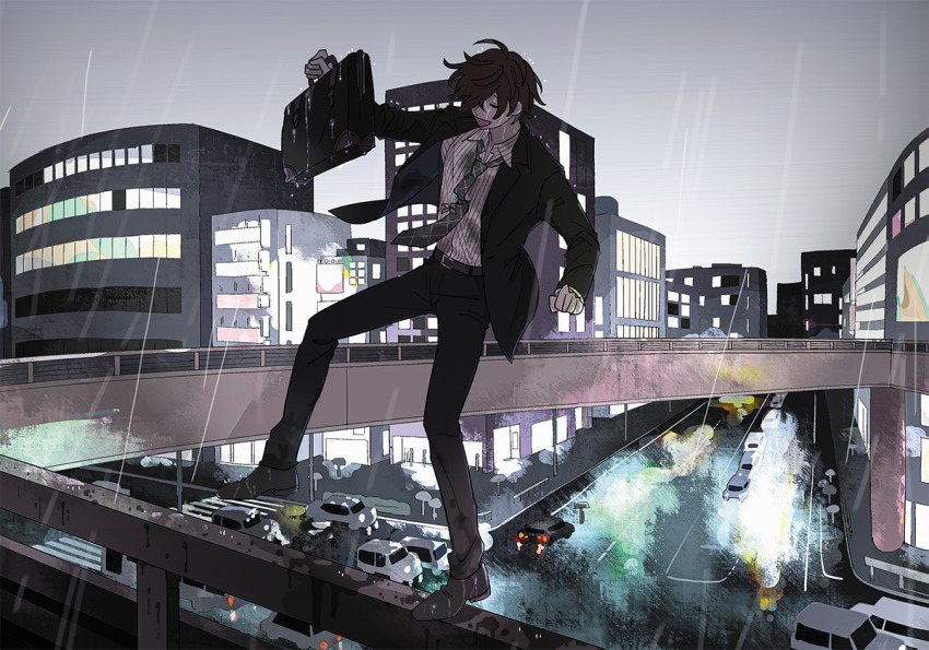 1boy, black_footwear, black_jacket, black_pants, bridge, briefcase, brown_hair, building