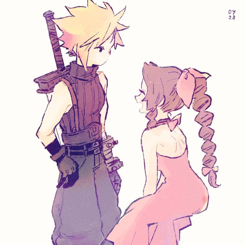 1boy, 1girl, aerith_gainsborough, armor, belt, blonde_hair, braid, brown_hair, buster_sword, cloud_strife, dress, final_fantasy, final_fantasy_vii, gloves, highres, long_hair, nobu_(25mark), pink_dress, ribbon, shoulder_armor, spiked_hair, square_enix, suspenders, turtleneck