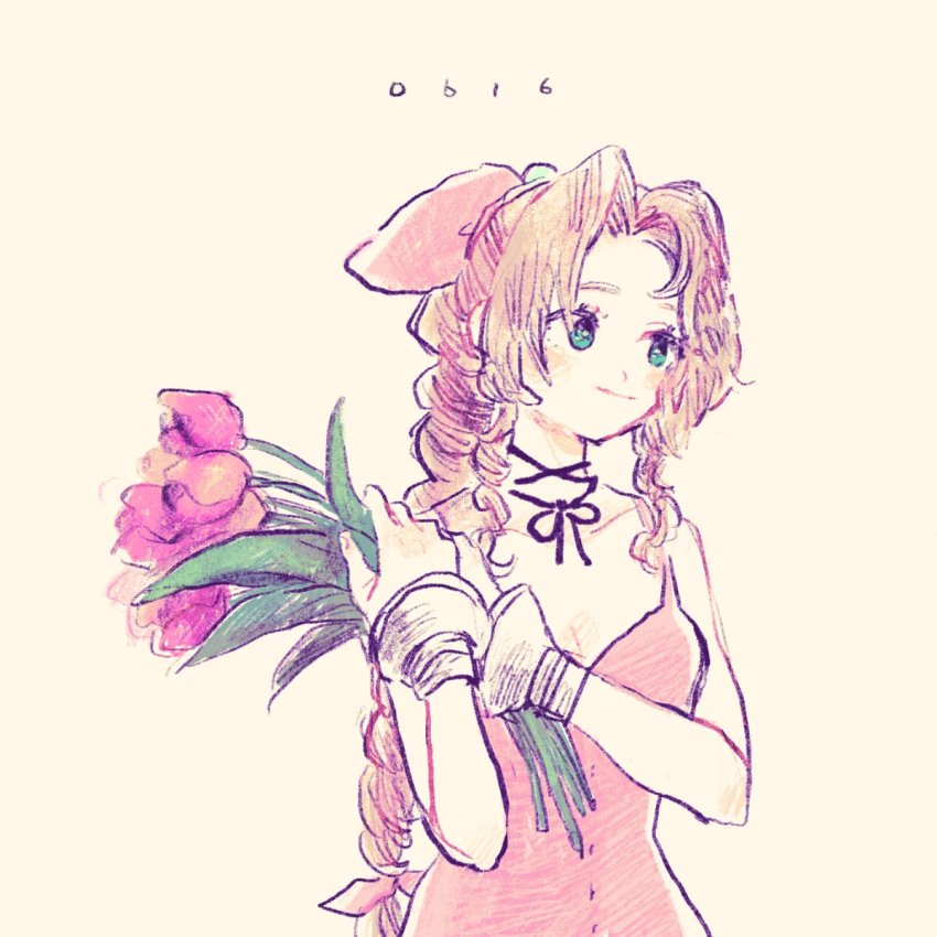 1girl, aerith_gainsborough, bracelet, braid, brown_hair, choker, curly_hair, dress