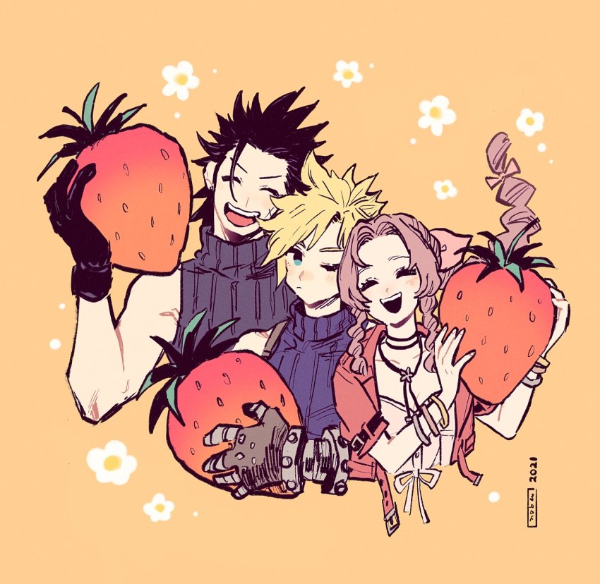 1girl, 2boys, aerith_gainsborough, black_hair, blonde_hair, blue_eyes, bracelet, braid