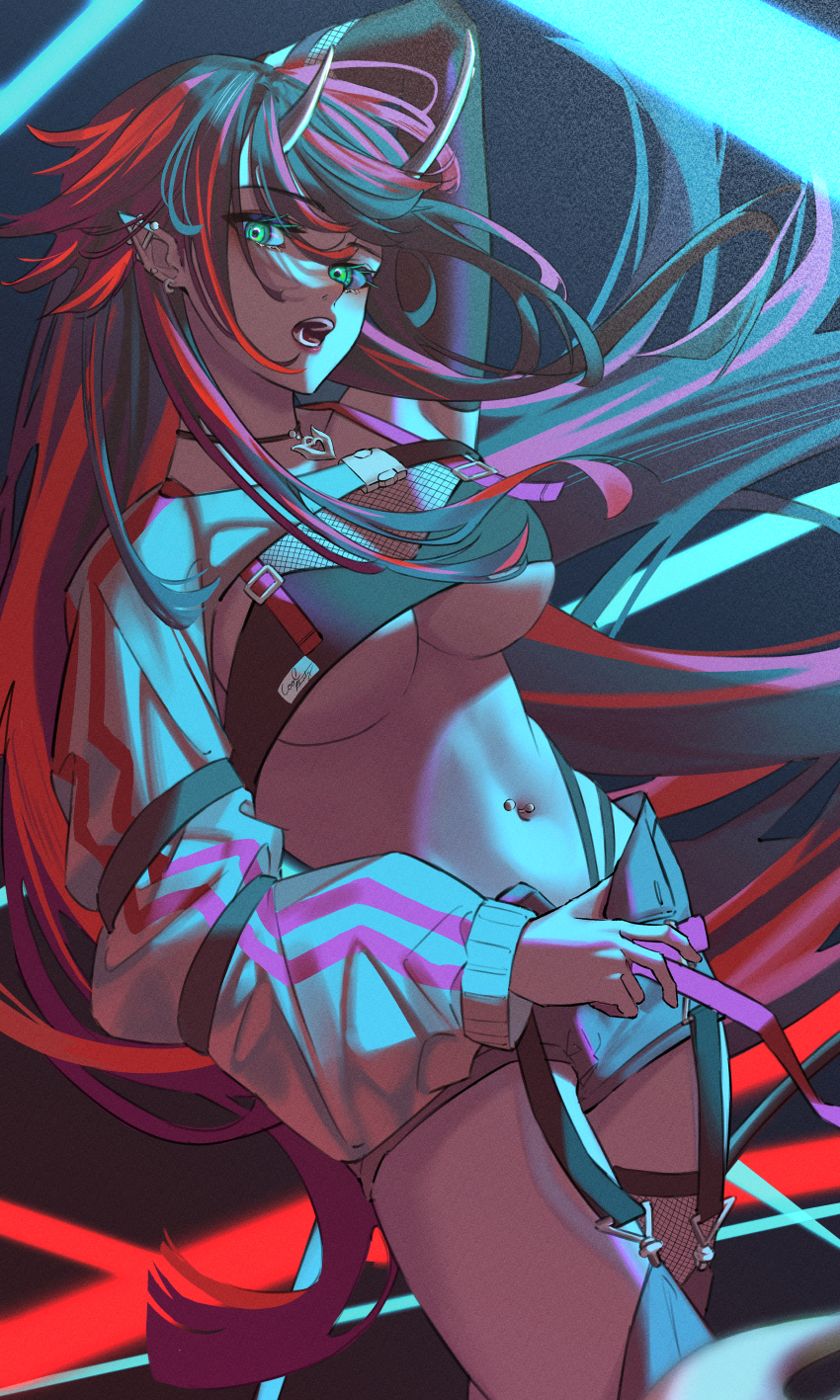 1girl, absurdres, arm_strap, arm_up, belt, bikini, bikini_top_only, black_bikini