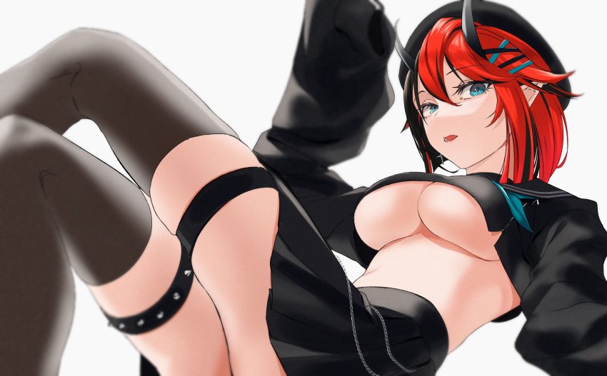 1girl, beret, black_hair, black_hat, black_serafuku, black_skirt, black_thighhighs, blue_eyes, blue_neckerchief, blush, breasts, commentary_request, crop_top, crossed_legs, demon_girl, demon_horns, ear_piercing, feet_out_of_frame, gin_(tttetu123), hair_ornament, hat, highres, horns, large_breasts, long_sleeves, looking_at_viewer, multicolored_hair, nanashi_inc., neckerchief, official_alternate_costume, open_mouth, piercing, pointy_ears, red_hair, ryugasaki_rene, ryugasaki_rene_(3rd_costume), school_uniform, serafuku, short_hair, simple_background, skirt, sleeves_past_fingers, sleeves_past_wrists, solo, spiked_thighlet, thigh_strap, thighhighs, two-tone_hair, underboob, virtual_youtuber, x_hair_ornament
