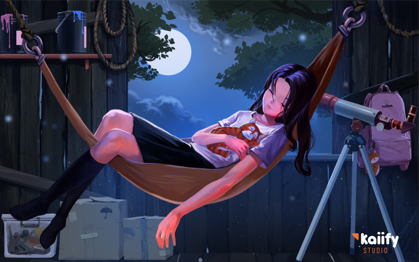 1girl, absurdres, animal, artist_name, backpack, bag, black_hair, black_legwear