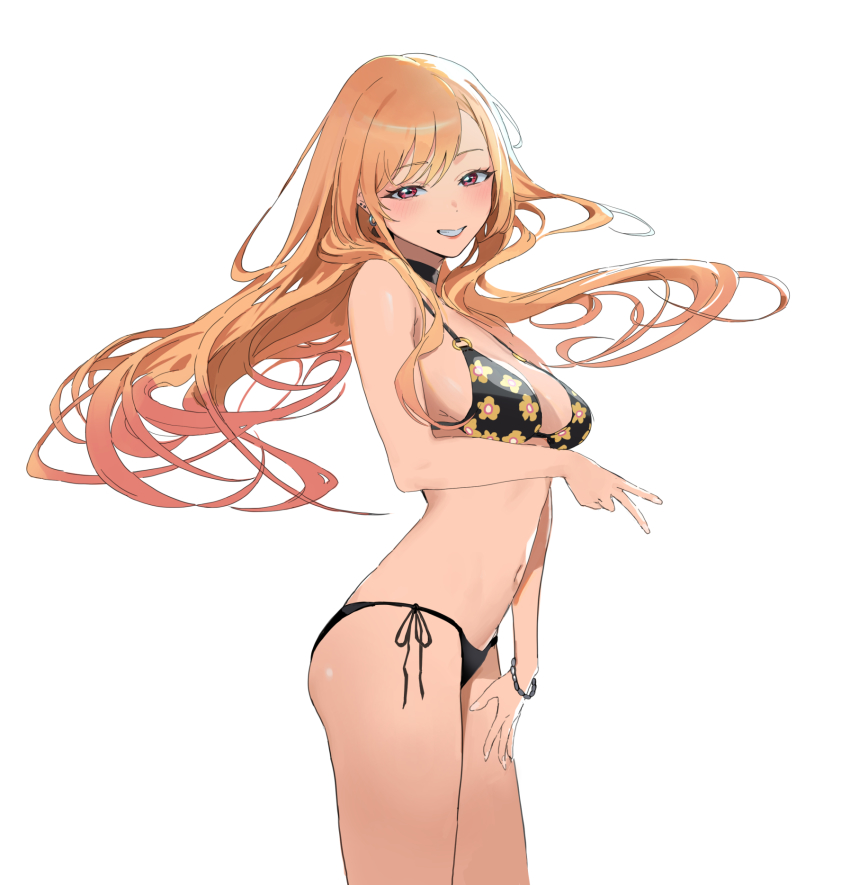 1girl, bikini, black_bikini, black_choker, blonde_hair, breasts, choker, colored_tips