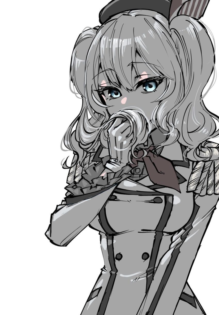 1girl, beret, black_hat, blue_eyes, breasts, buttons, double-breasted, epaulettes