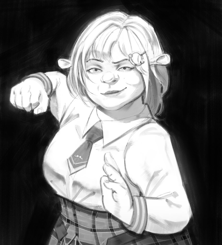 1girl, absurdres, black_background, fusion, greyscale, highres, hololive, hololive_english, incoming_attack, incoming_punch, monochrome, princess_fiona, punching, shrek_(series), simple_background, solo, virtual_youtuber, watson_amelia, xyanaid