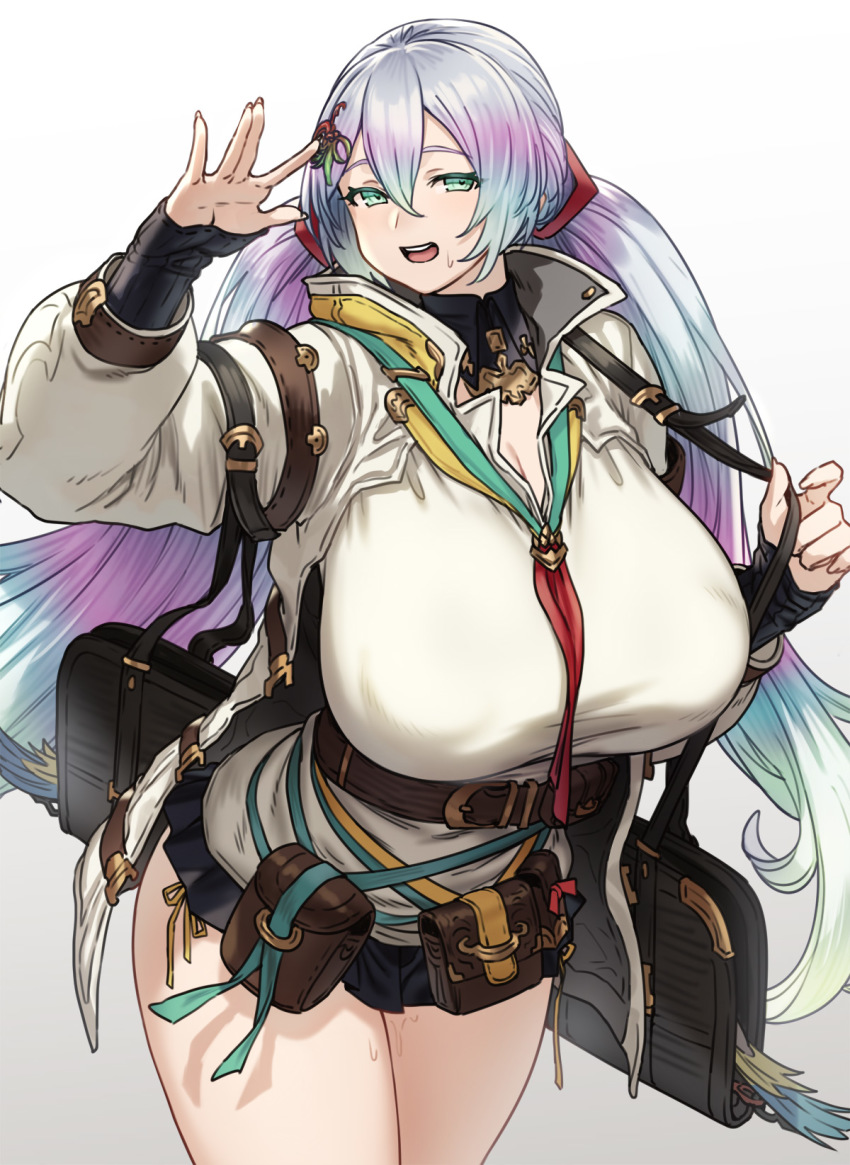 1girl, aqua_eyes, aqua_hair, bag, belt, breasts, brown_belt, cleavage
