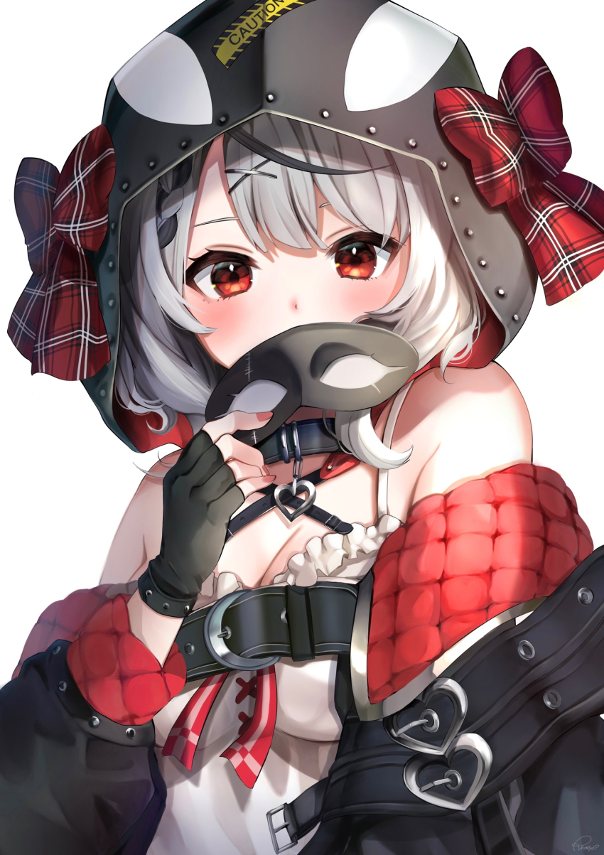 1girl, animal_hood, bare_shoulders, black_gloves, black_hair, blush, braid, coat