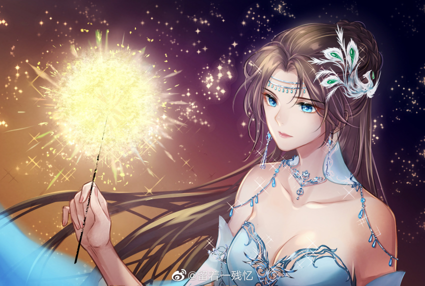 1girl, bare_shoulders, black_hair, blue_dress, doupo_cangqiong, dress, earrings, fireworks, hair_ornament, highres, jewelry, lights, liu_zhe_yi_can_yi, long_hair, night, sparkler, yun_yun_(doupo_cangqiong)