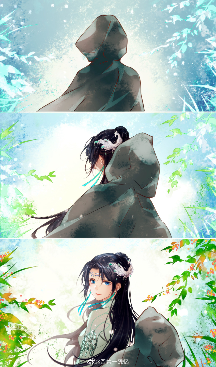 1girl, absurdres, black_hair, blue_sky, cloak, unworn_cloak, doupo_cangqiong, dress