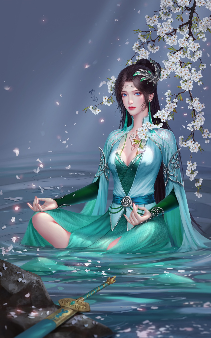 1girl, absurdres, bare_legs, black_hair, blue_eyes, branch, doupo_cangqiong, highres, in_water, liu_zhe_yi_can_yi, meditation, rock, sheath, sword, training, water, watermark, weapon, weibo_watermark, wet, yun_yun_(doupo_cangqiong)