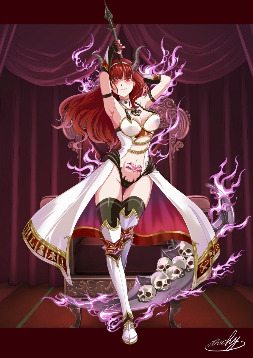 1girl, arms_behind_head, black_thighhighs, boots, breasts, celica_(fire_emblem), celica_(imprisoned_soul)_(fire_emblem), cleavage, clothing_cutout, corruption, dark_persona, dress, duma_(fire_emblem), fire_emblem, fire_emblem_echoes:_shadows_of_valentia, hairband, highres, holding, holding_weapon, horns, intelligent_systems, medium_breasts, nao3675, navel, nintendo, possessed, possession, pubic_tattoo, red_eyes, red_hair, scythe, showgirl_skirt, solo, standing, standing_on_one_leg, tattoo, thighhighs, weapon