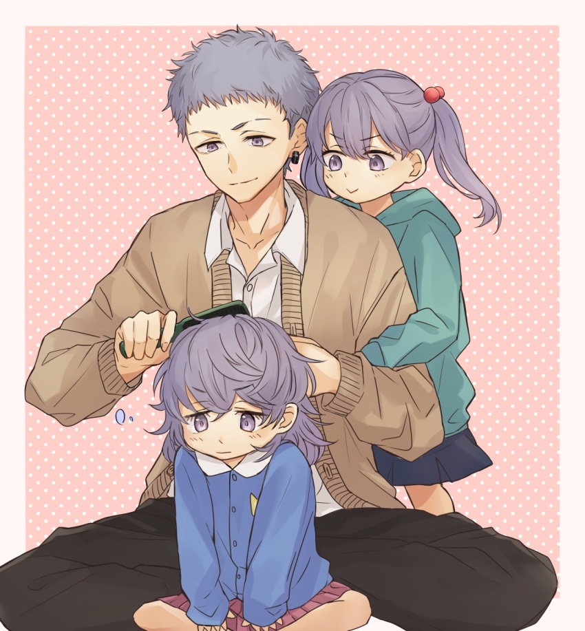 1boy, 2girls, black_pants, blue_hoodie, blue_shirt, brother_and_sister, brown_cardigan, brushing_hair, cardigan, closed_mouth, collarbone, collared_shirt, earrings, eyebrow_cut, full_body, highres, hood, hood_down, hoodie, jewelry, kibo_b, long_hair, long_sleeves, mitsuya_luna, mitsuya_mana, mitsuya_takashi, multiple_girls, pants, purple_eyes, purple_hair, red_skirt, shirt, short_hair, siblings, single_earring, sisters, sitting, skirt, sleeves_past_wrists, smile, tokyo_revengers, twintails, white_shirt