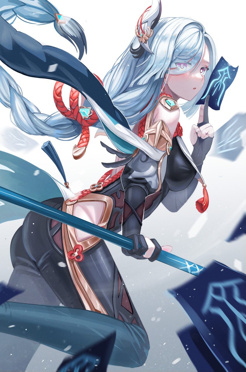 1girl, :o, absurdres, ass, between_fingers, black_bodysuit, black_gloves, blush