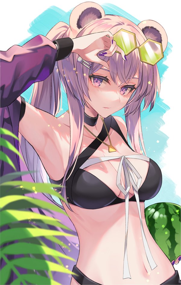 1girl, animal_ears, arknights, bikini, black_bikini, eyewear_on_head, food, fruit