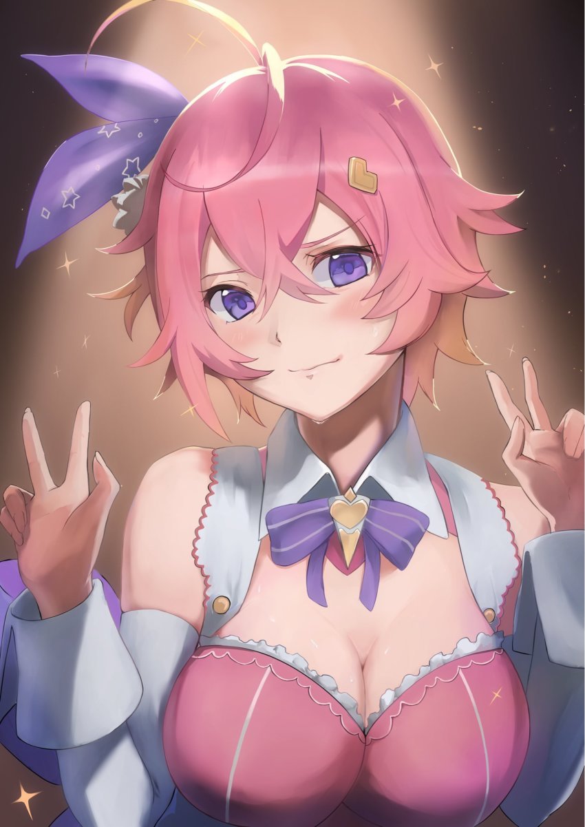 1girl, ahoge, bare_shoulders, breasts, cleavage, crossed_bangs, guardian_tales, hair_ornament