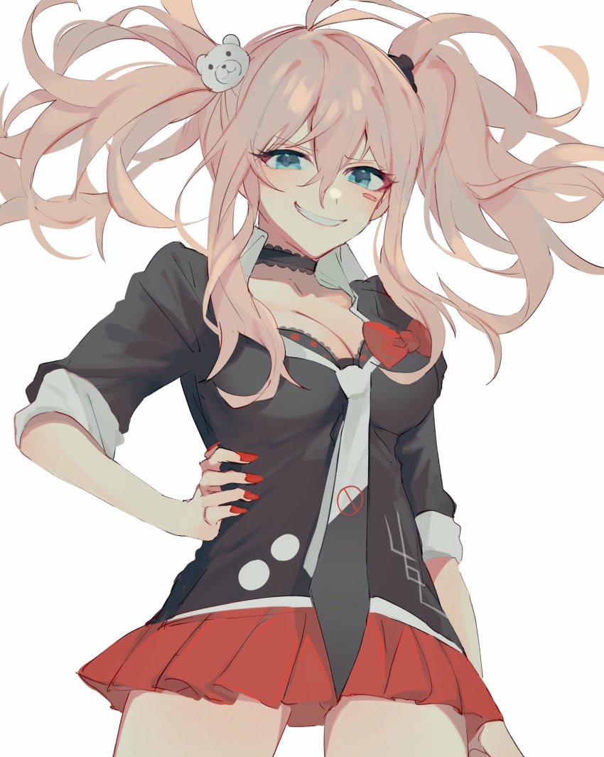 1girl, bear_hair_ornament, black_choker, black_necktie, black_shirt, blue_eyes, bow, breasts