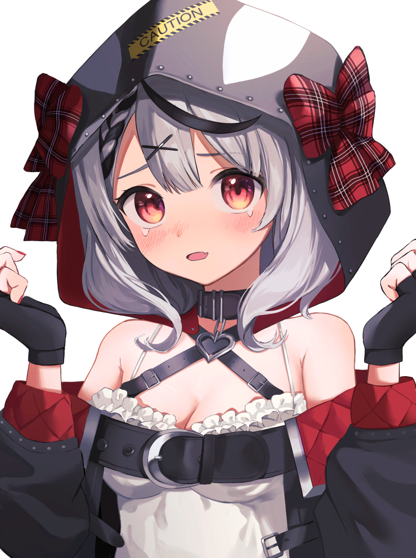 1girl, absurdres, animal_hood, bare_shoulders, belt, black_belt, black_gloves, black_hair