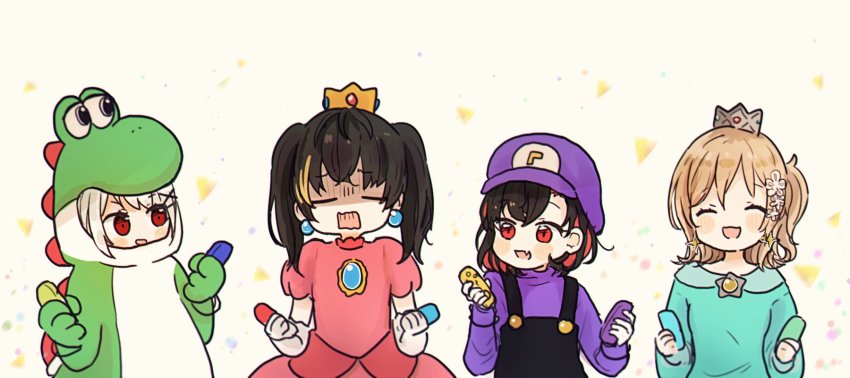 1boy, 3girls, akira_ray, black_hair, black_overalls, blonde_hair, blue_dress, chibi