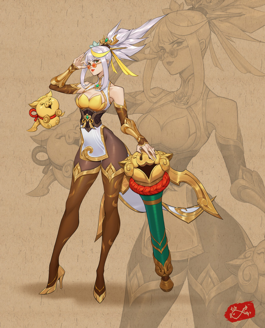 1girl, adjusting_eyewear, alternate_color, alternate_hair_color, alternate_hairstyle, artist_logo, bare_shoulders, bow_(weapon)