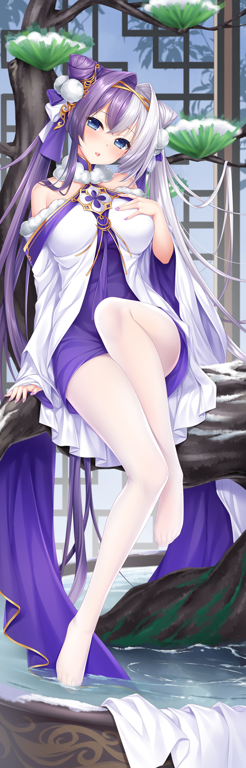1girl, absurdly_long_hair, azur_lane, bare_shoulders, breasts, cone_hair_bun, dress, full_body, hair_bun, hand_on_own_chest, highres, in_tree, long_hair, looking_at_viewer, medium_breasts, multicolored_hair, official_alternate_costume, pantyhose, purple_dress, purple_hair, sitting, sitting_in_tree, solo, split-color_hair, summer-d_(dodojune), tree, two-tone_dress, two-tone_hair, very_long_hair, water, white_dress, white_hair, white_pantyhose, ying_swei_(azur_lane), ying_swei_(snowy_pine's_warmth)_(azur_lane)