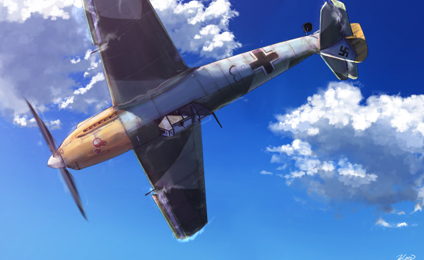 aircraft, airplane, balkenkreuz, bf_109, bf_109_e4_(ash_arms), clip_studio_paint_(medium), cloud, cloudy_sky