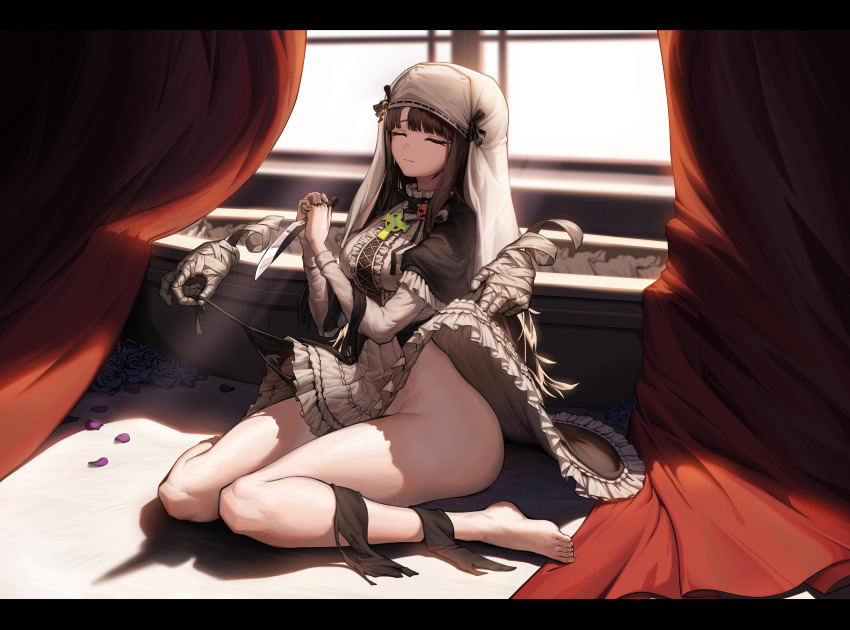 1girl, absurdres, barefoot, black_dress, black_hair, black_panties, breasts, c-ms_(girls'_frontline)