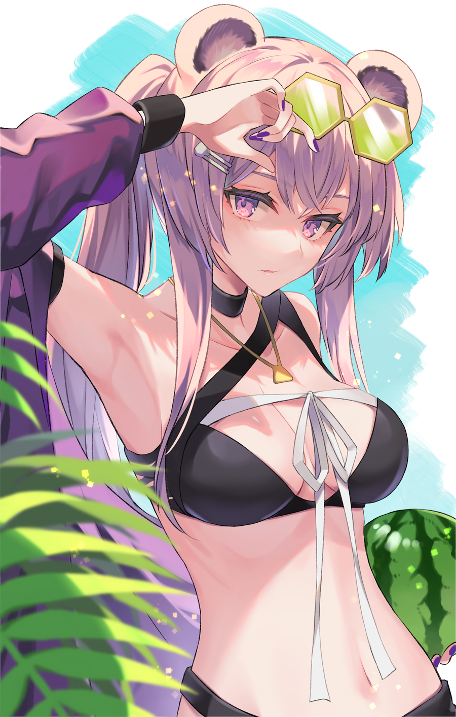 1girl, animal_ears, arknights, arm_up, armpits, bare_shoulders, bikini, black_bikini, black_choker, breasts, choker, cleavage, commentary_request, food, fruit, hair_bun, hair_ornament, highres, holding, holding_food, holding_fruit, jewelry, large_breasts, lin_(arknights), lin_(summer)_(arknights), long_hair, long_sleeves, looking_at_viewer, mashita_(kuzsat), mouse_ears, nail_polish, navel, necklace, off_shoulder, official_alternate_costume, partial_commentary, pink_eyes, pink_hair, plant, ponytail, purple_nails, ribbon, solo, stomach, sunglasses, swimsuit, upper_body, watermelon, white_ribbon
