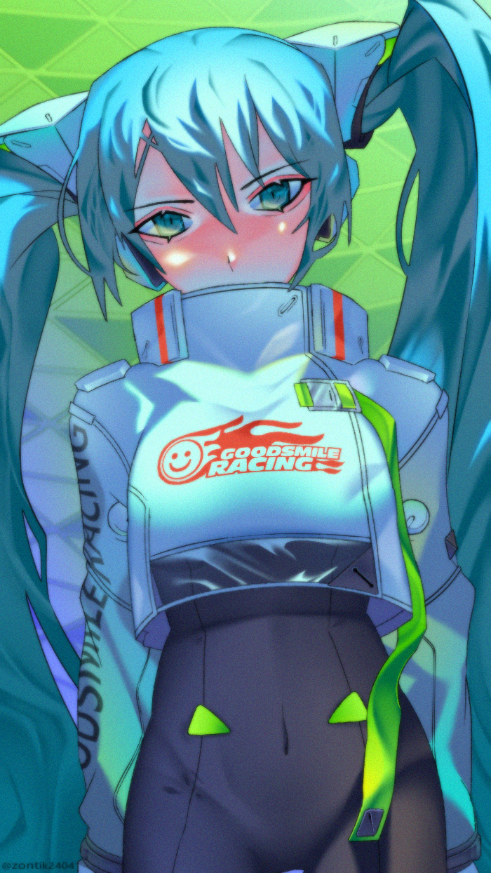 1girl, aqua_eyes, aqua_hair, artist_name, black_bodysuit, bodysuit, bodysuit_under_clothes, covered_navel, crop_top, crop_top_overhang, cropped_jacket, expressionless, female_focus, goodsmile_company, goodsmile_racing, hair_between_eyes, hatsune_miku, highres, jacket, long_hair, long_sleeves, looking_at_viewer, racing_miku, racing_miku_(2022), solo, strap, twintails, very_long_hair, vocaloid, white_jacket, zontik2404
