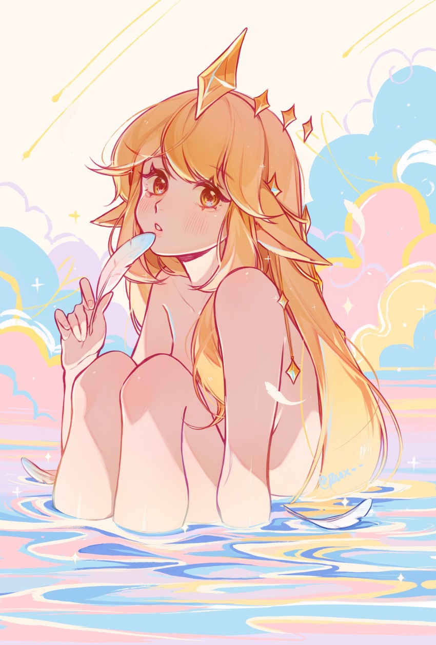 1girl, absurdres, blue_background, blush, collarbone, completely_nude, feathers, floating, floating_object, hair_ornament, highres, holding, holding_feather, knees_up, league_of_legends, nude, orange_eyes, parted_lips, pink_background, pointy_ears, prestige_star_guardian_soraka, ruan_chen_yue, smile, solo, soraka_(league_of_legends), star_guardian_(league_of_legends), star_guardian_soraka_prestige_edition, teeth, water, white_background