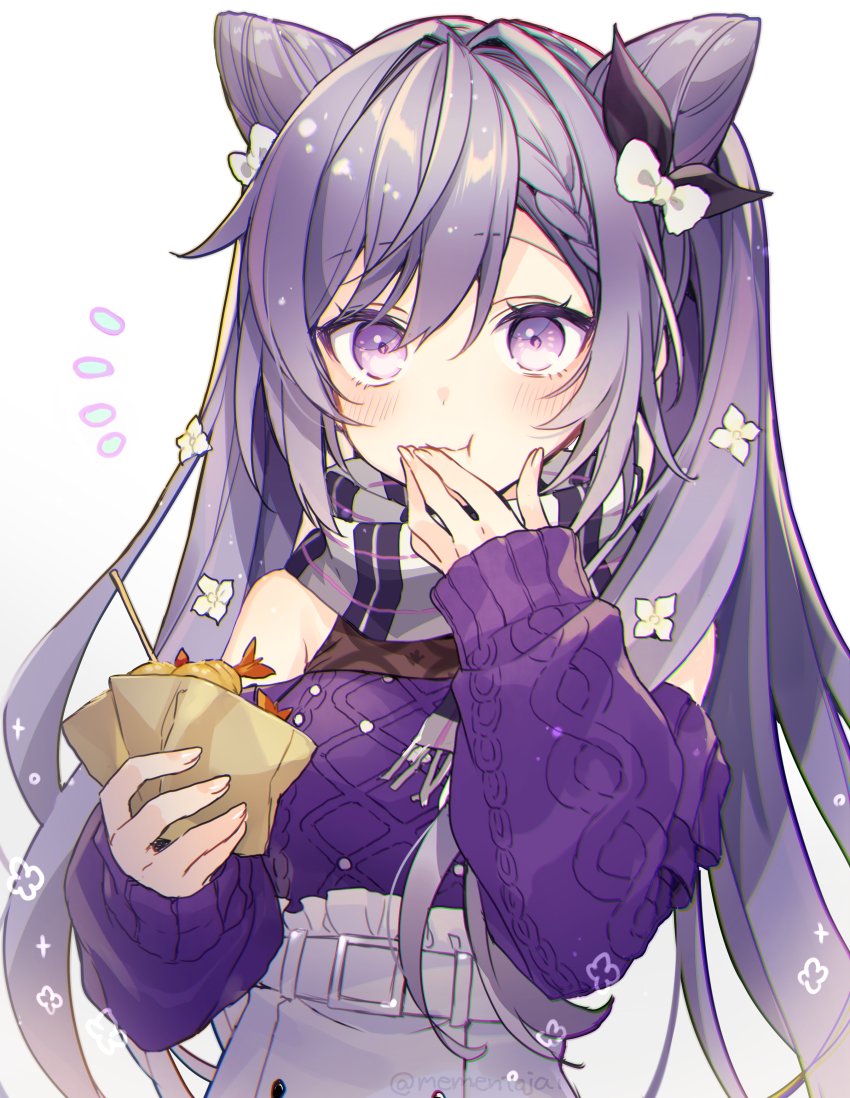 1girl, :t, absurdres, bare_shoulders, braid, commentary, cone_hair_bun, eating