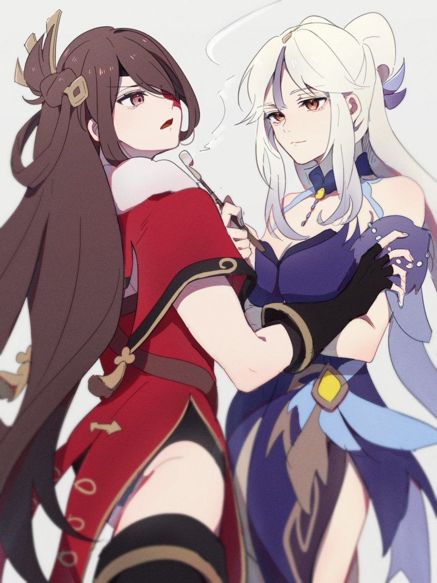ass, bare_shoulders, beidou_(genshin_impact), black_gloves, blue_dress, boots, breasts, brown_hair, china_dress, chinese_clothes, cleavage, closed_mouth, colored_eyepatch, dress, evening_gown, eyepatch, fingerless_gloves, genshin_impact, gloves, hair_ornament, hair_stick, hairpin, half_updo, highres, holding, holding_smoking_pipe, kitsunebi_v3kokonn, long_hair, looking_at_another, multicolored_dress, ningguang_(genshin_impact), ningguang_(orchid's_evening_gown)_(genshin_impact), official_alternate_costume, one_eye_covered, open_mouth, pale_skin, parted_bangs, red_eyes, side_slit, smoking_pipe, thigh_boots, thighhighs, yuri