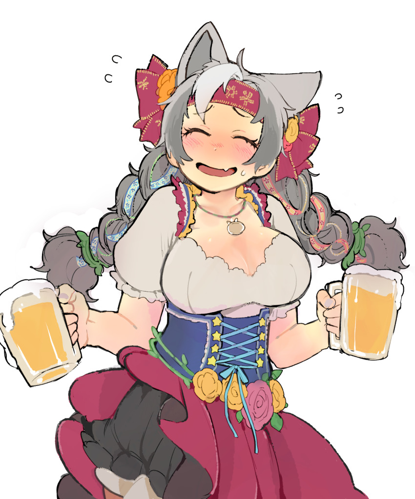 1girl, ^_^, alcohol, animal_ears, bare_arms, bear_ears, bear_girl, beer
