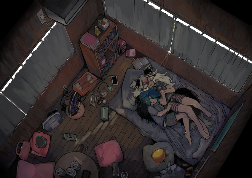 2girls, absurdres, bare_arms, bare_legs, barefoot, bedroom, beer_can, bird_tail