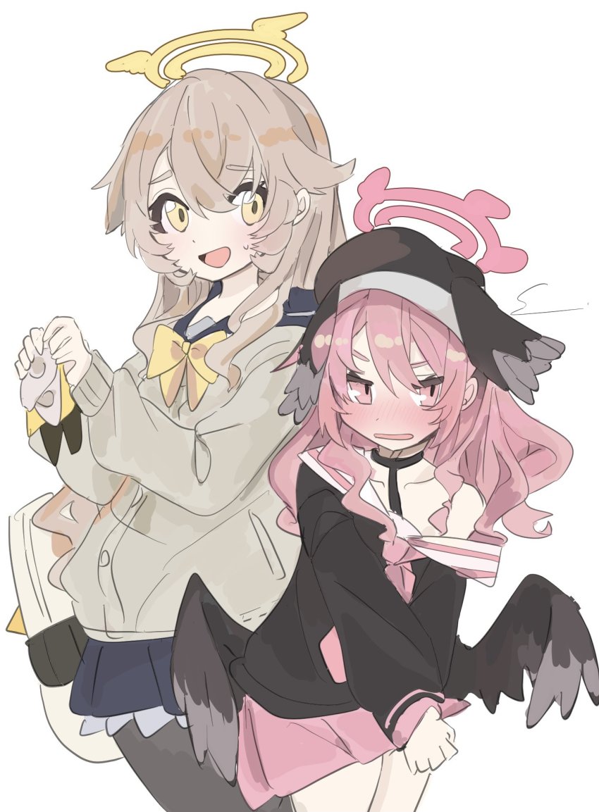 2girls, alternate_hairstyle, angel_wings, bag, beret, black_headwear, black_pantyhose, black_serafuku