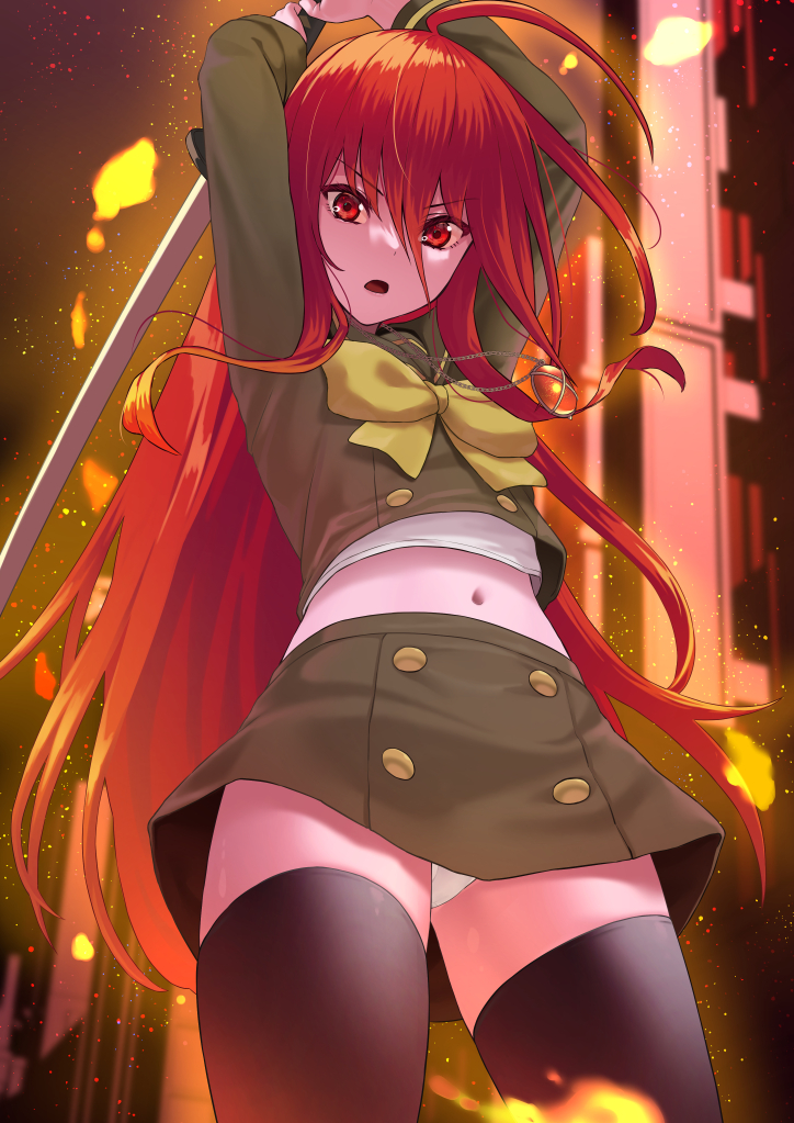 1girl, ahoge, alastor_(shakugan_no_shana), arms_up, black_thighhighs, blurry, blurry_background, bow