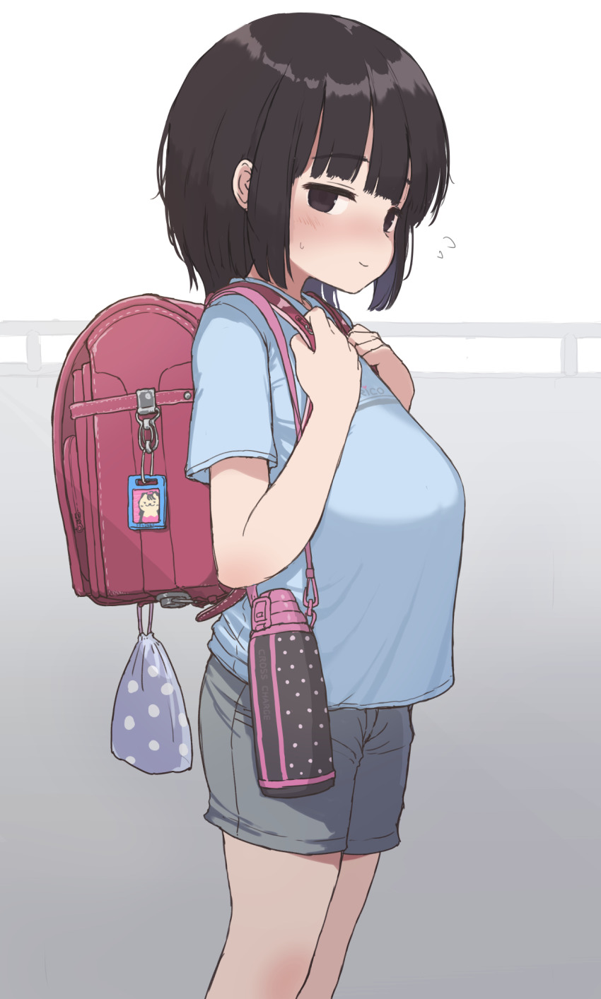 1girl, backpack, bag, black_eyes, black_hair, blue_shirt, blush, breasts, commentary_request, cowboy_shot, grey_shorts, highres, large_breasts, looking_at_viewer, oppai_loli, original, profile, randoseru, shirt, shorts, smile, solo, standing, t-shirt, thermos, tozaumo