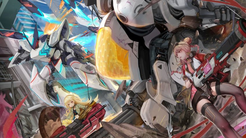 2girls, black_choker, black_legwear, blonde_hair, braid, brown_eyes, chinese_commentary, choker