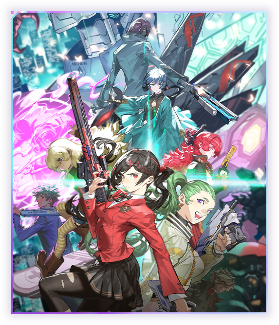 3boys, 5girls, black_bow, black_legwear, black_skirt, blazer, blonde_hair, blue_hair