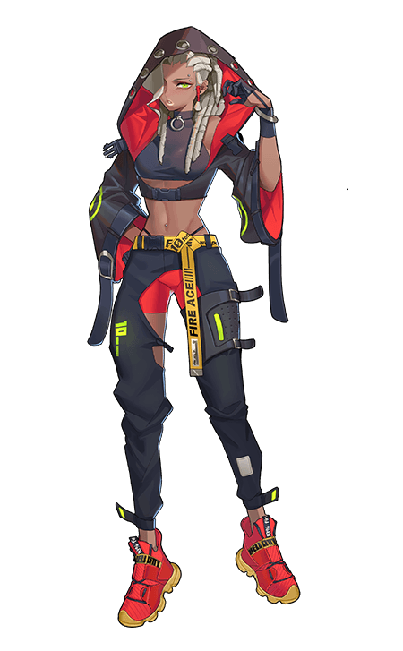 1girl, bike_shorts, black_gloves, black_jacket, black_pants, breasts, dark-skinned_female, dark_skin, dreadlocks, eyebrow_piercing, face_piercing, gloves, green_eyes, grey_hair, hair_behind_ear, halterneck, hand_on_own_hip, hood, hood_up, hooded_jacket, jacket, long_hair, medium_breasts, midriff, navel, navel_piercing, official_art, pants, parted_lips, piercing, r.e.d_(smc), red_shoes, red_shorts, shoes, shorts, sneakers, solo, super_mecha_champions, transparent_background