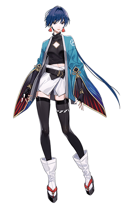 1girl, black_gloves, black_thighhighs, blue_eyes, blue_hair, blue_jacket, breasts, cleavage_cutout