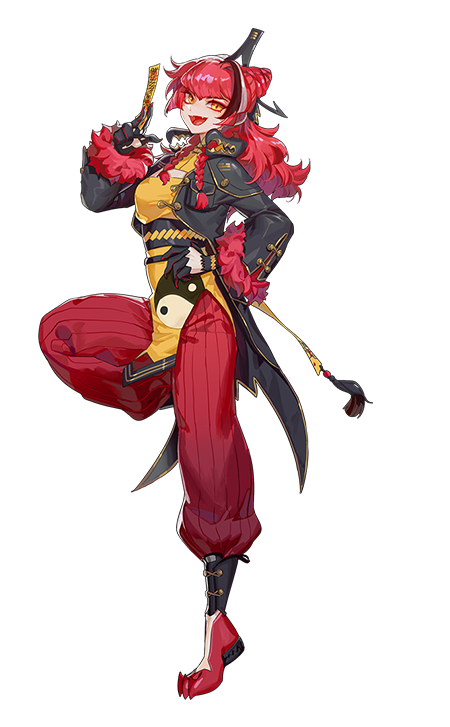 1girl, black_footwear, black_gloves, black_jacket, china_dress, chinese_clothes, cone_hair_bun, dress, fang, gloves, hair_bun, hand_on_own_hip, head_tilt, holding, jacket, jiu_chong_(smc), long_hair, looking_at_viewer, official_art, open_mouth, pants, red_hair, red_pants, skin_fang, smile, solo, super_mecha_champions, talisman, transparent_background, yellow_dress, yellow_eyes