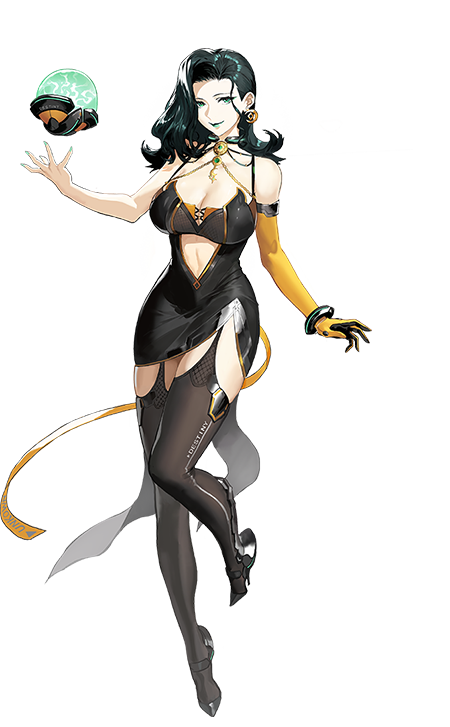 1girl, black_dress, black_footwear, black_hair, black_thighhighs, blue_lips, bracelet, breasts, cleavage, clothing_cutout, dress, earrings, elbow_gloves, gloves, green_eyes, hair_behind_ear, high_heels, jewelry, large_breasts, looking_at_viewer, nail_polish, navel, norma_(smc), official_art, orb, single_elbow_glove, single_glove, smile, solo, stomach_cutout, super_mecha_champions, thighhighs, transparent_background, yellow_gloves